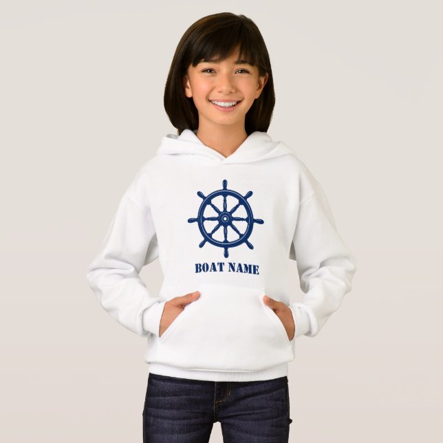 Boat Namn eller Din Frakt Helm Wheel Navy White T Shirt (Hel framsida)