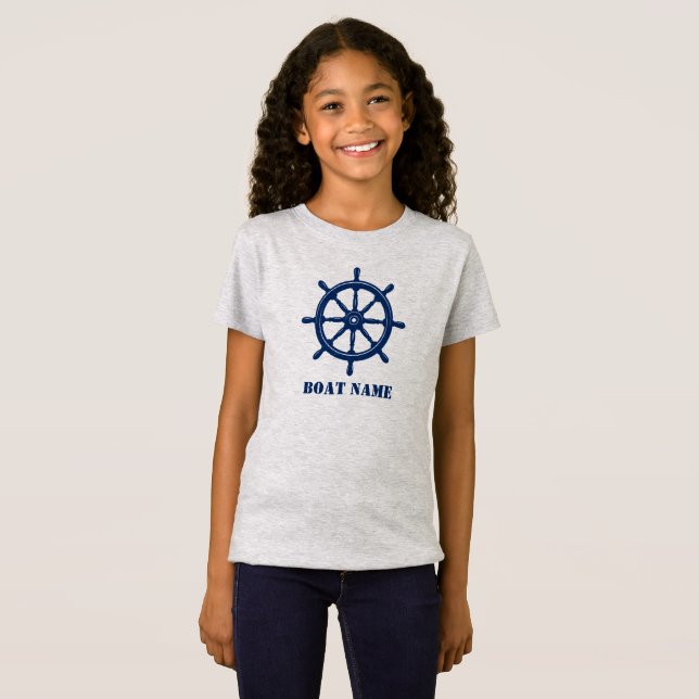 Boat Namn eller Frakten Helm Wheel Navy Grått T Shirt (Hel framsida)