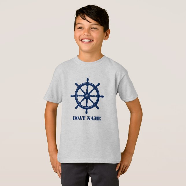 Boat Namn eller Frakten Helm Wheel Navy och Grått T Shirt (Hel framsida)