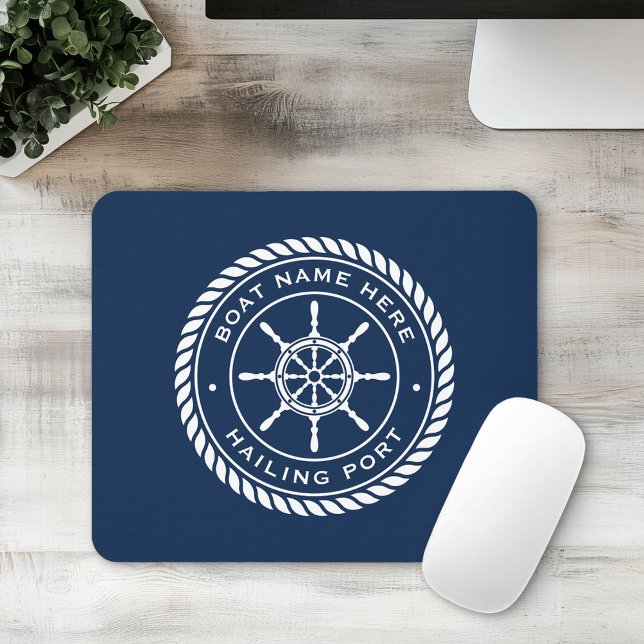 Boat namn och segelportens nautiska frakts hjul musmatta (Boat name and hailing port nautical ship's wheel mouse pad)