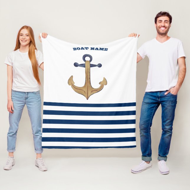 Boat Namn,Retro Anchor Navy Blue White Rand Fleecefilt (På plats)