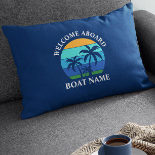 Boat Namn Sol Handflatan Träd Välkomna Aboard Blu Prydnadskudde