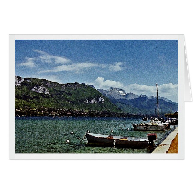 Boat och berg i Sjö i Annecy Frankrike OBS Kort (Framsidan Horizontal)