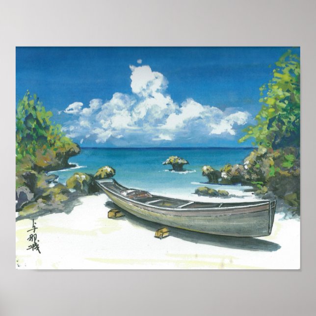 Boat on Okinawa Beach Painting Poster (Framsidan)