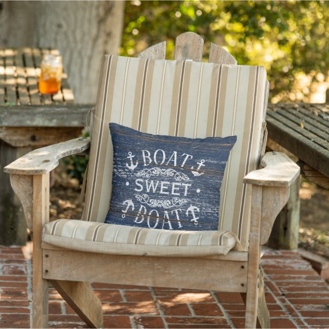 Boat Sweet Boat Quote och Anchor på Blue Woodgrain Kudde (Stol)