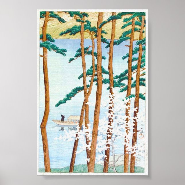 Boat through Träd japansk Woodblock Art Ukiyo-E Poster (Framsidan)