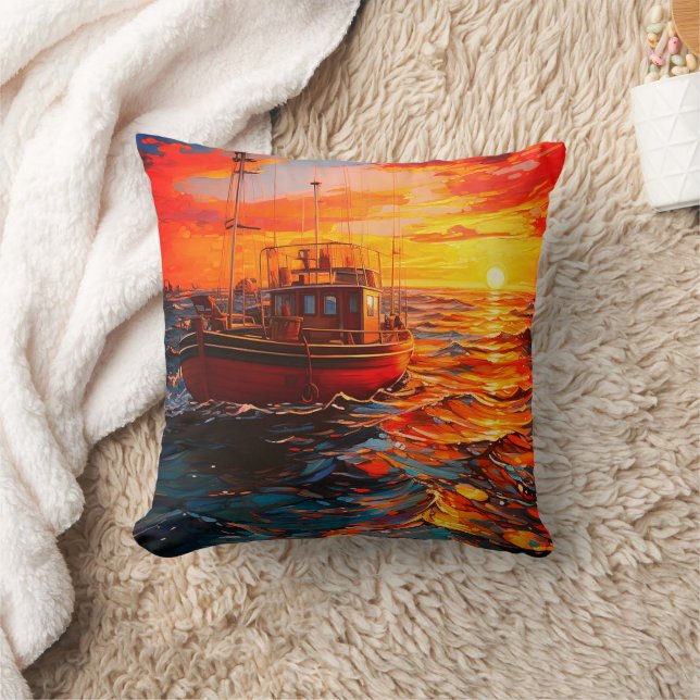 Boat vid Sunset Kudde (Filt)