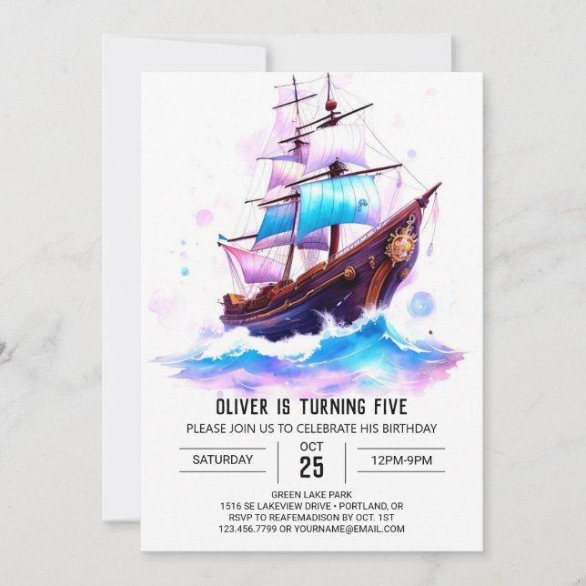 Boat Watercolor Roligt Pirat Birthday Inbjudningar (Framsida)
