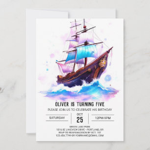 Boat Watercolor Roligt Pirat Birthday Inbjudningar