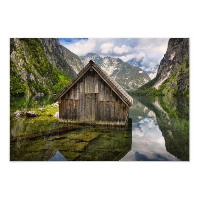 Boathouse i Obersee sjö i Tysklanda Alpernor Fototryck (Framsidan)