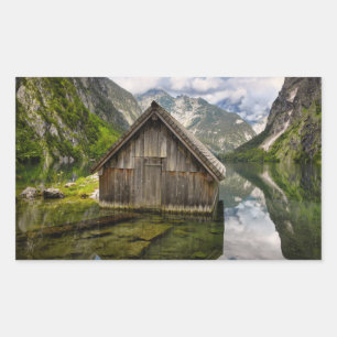 Boathouse i Obersee sjö i Tysklanda Alpernor Rektangulärt Klistermärke