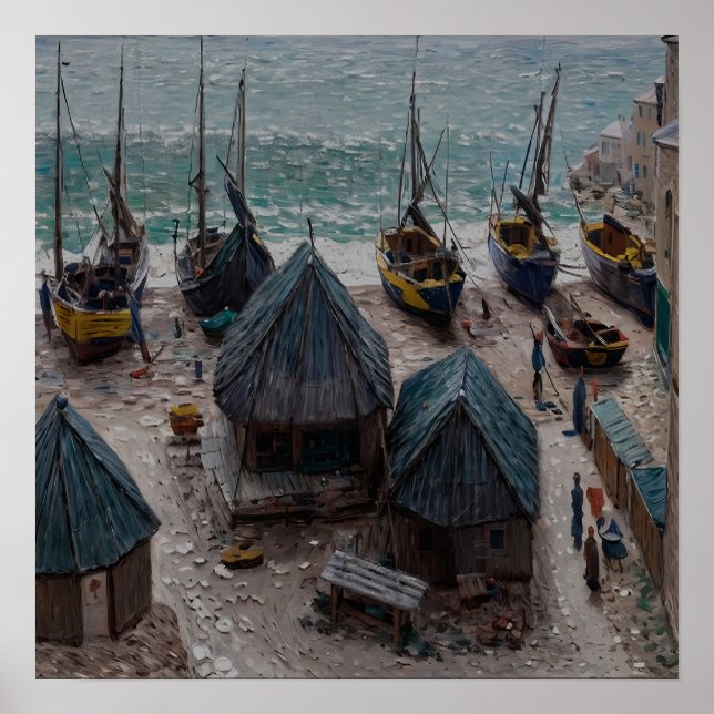 Boats vid stranden vid Étretat Poster (Framsidan)