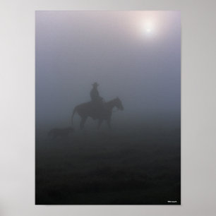 Bob Langrish Cowboy Riding in Mist with Hund Poster