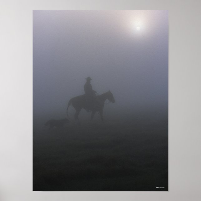 Bob Langrish | Cowboy Riding in Mist with Hund Poster (Framsidan)