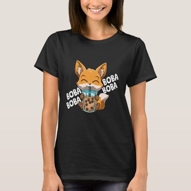 Boba Boba Boba Boba Manga Bubble Tea Fox Anime T Shirt (Framsida)