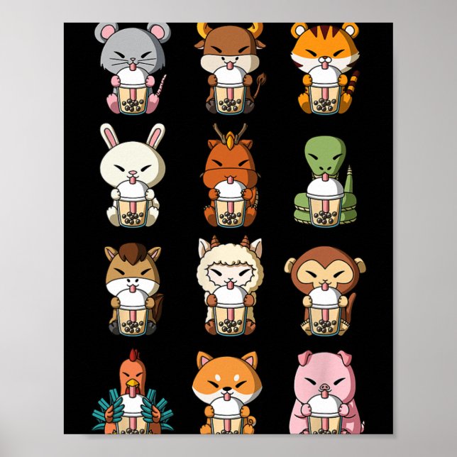 Boba Bubble Milk Tea Chinese Zodiacs Animal Lunar  Poster (Framsidan)