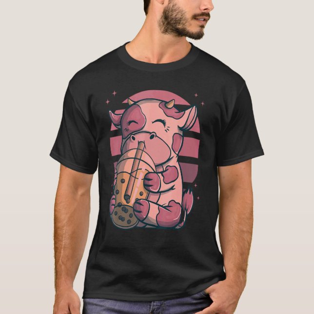 Boba Bubble Tea Cows Rosa Sunset T Shirt (Framsida)