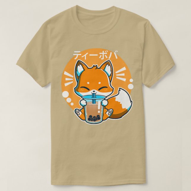 Boba Fox Drinking Kawaii Japansk Fox Bubble Mjölk T Shirt (Design framsida)