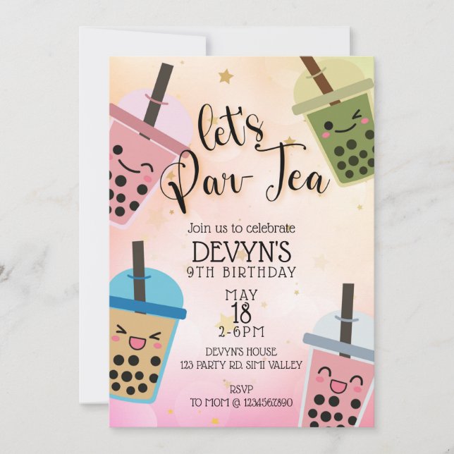 Boba, Låt oss Par-Tea, Boba Party, Boba Birthday Inbjudningar (Framsida)