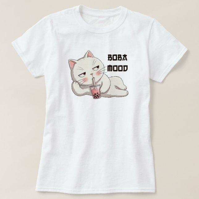Boba Mood Kawaii Lattan Katt Japansk Stil T Shirt (Design framsida)