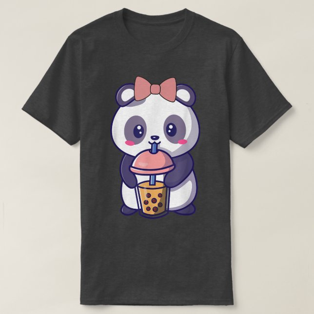 Boba Panda Drinking Cute Kawaii japanska T Shirt (Design framsida)