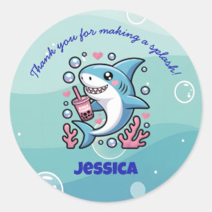 Boba Shark Cute Kawaii Rosa Tack Runt Klistermärke