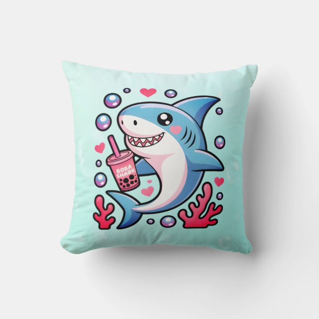 Boba Shark Kawaii Rosa och Blue Nursery Decor Kudde (Framsida)