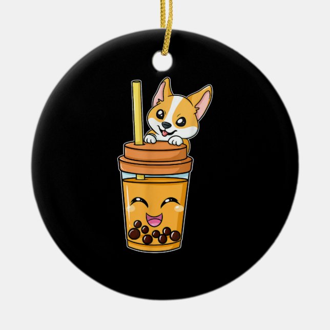 Boba Tapioca Pearls Bubble Mjölk Tea Drink Corgi Julgransprydnad Keramik (Framsidan)