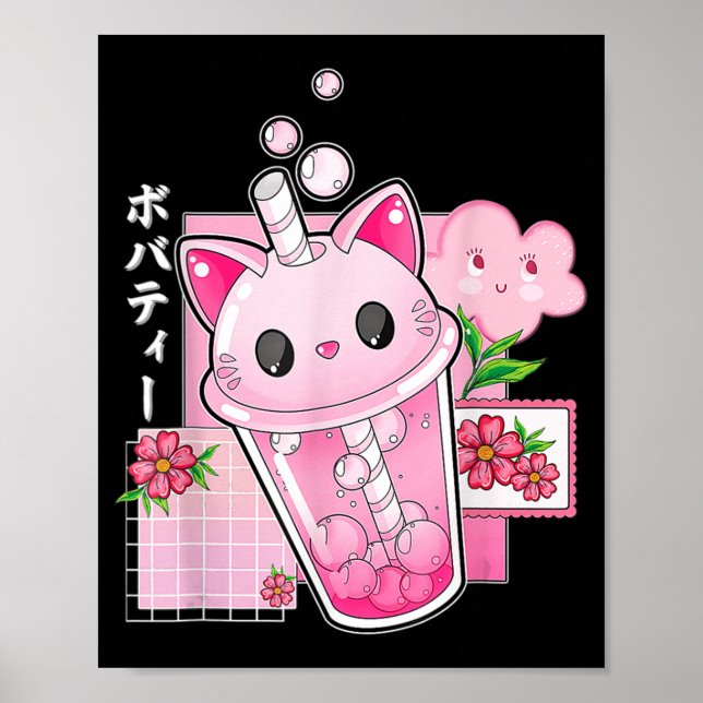 Boba Tea Cat Bubble Tea Kawaii Anime Japansk flick Poster (Framsidan)