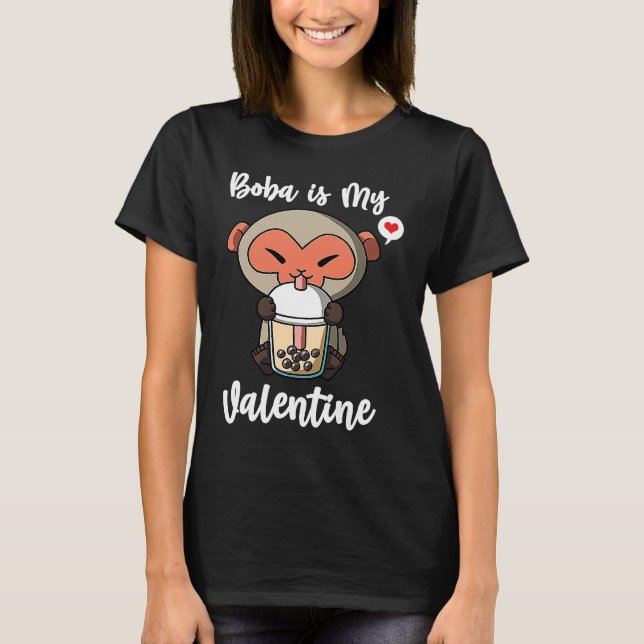 Boba Tea is My Valentine Macaque Monkey Anti Valen T Shirt (Framsida)
