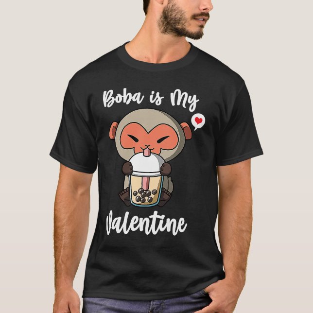 Boba Tea is My Valentine Macaque Monkey Anti Valen T Shirt (Framsida)