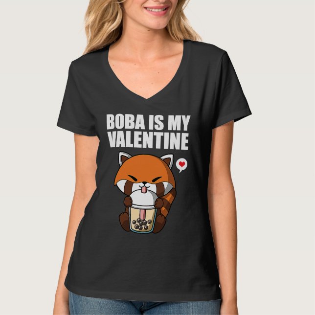 Boba Tea is My Valentine Red Panda Anti Valentines T Shirt (Framsida)