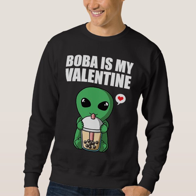 Boba Tea is My Valentine UFO Alien Anti Valentines Lång Ärmad Tröja (Framsida)