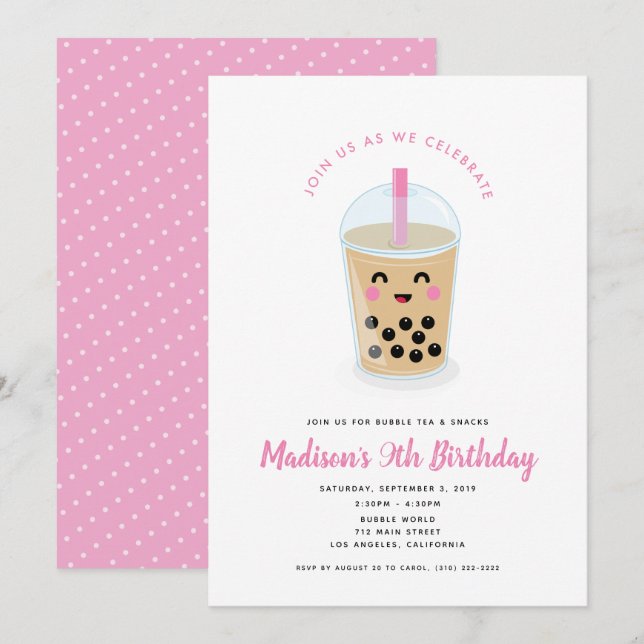 Boba Tea Party-inbjudan till Rosa Inbjudningar (Fram/baksida)