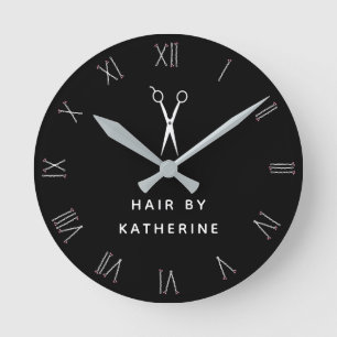 Bobby Pin Roman Numerals Scissor Black Hair Salon Rund Klocka