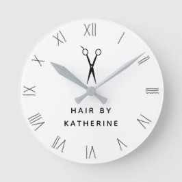 Bobby Pin Roman Numerals Scissor White Hair Salon Rund Klocka