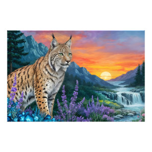 Bobcat/Lynx cat sunrise water liggande Fototryck
