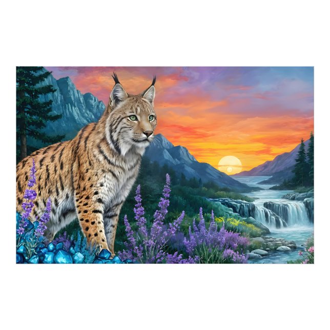Bobcat/Lynx cat sunrise water liggande Fototryck (Framsidan)