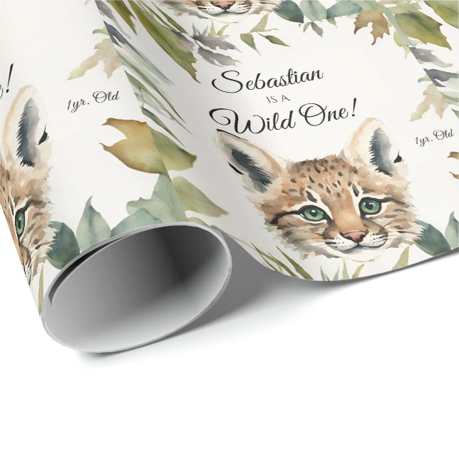 Bobcat Vild One Woodland Animal Birthday Presentpapper (Rullad Hörn)