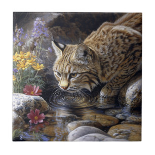 Bobcat with Wildblomme Scenia Art Kakelplatta