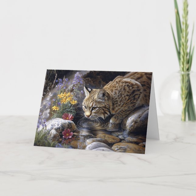 Bobcat with Wildblomme Scenia Art Kort (Framsida)