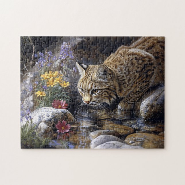 Bobcat with Wildblomme Scenia Art Pussel (Horisontell)