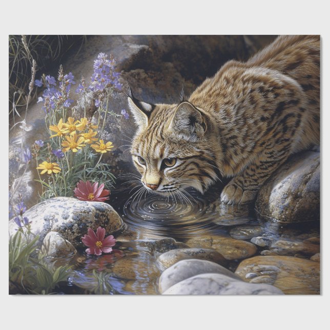 Bobcat with Wildblommes Scenia Art Decoupage Presentpapper (Platt)