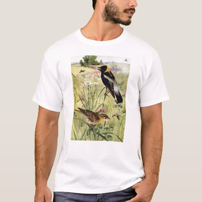 Bobolinks, daisy och rosa klöver t-shirt (Framsida)