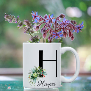 Bobotaniskt vattenfärgsinitialt H-kaffe mugg
