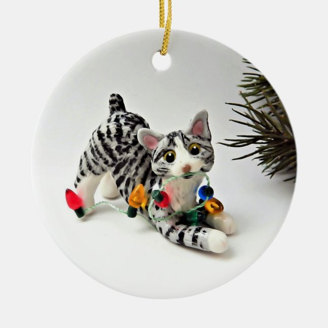 Bobtail Cat Grått Tabby Helgdag Ornament (Framsidan)