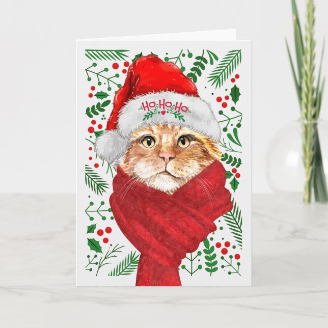 Bobtail Katt i en Tomte Hatt God Jul Helgkort (Framsida)