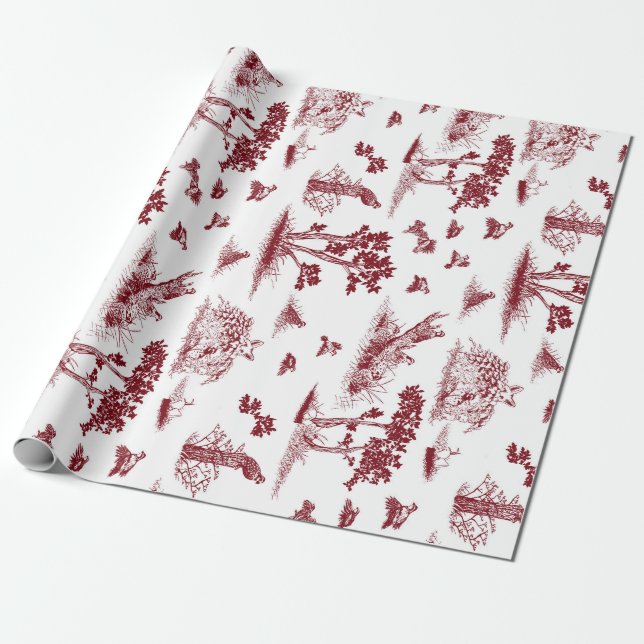 Bobwhite Quail Toile De Jouy Cranberry och vit Presentpapper (Utrullad)