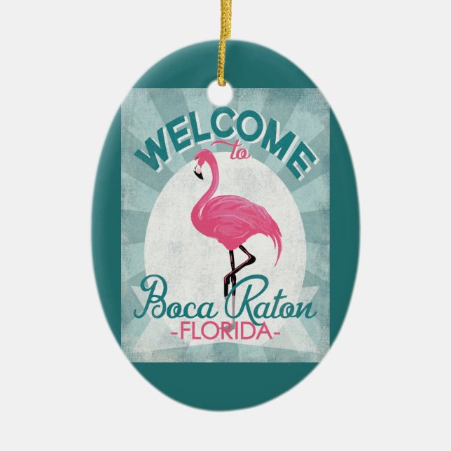 Boca Raton Florida Rosa Flamingo Retro Julgransprydnad Keramik (Framsidan)