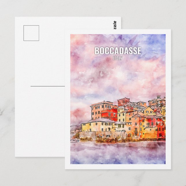 Boccadasse Italien Berömd Resa Akvarellskiss Vykort (Fram/baksida)